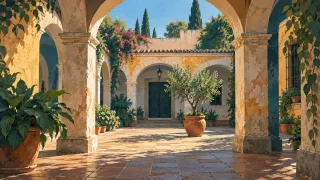 Ilustración de un patio con arquitectura colonial inspirada en Córdoba