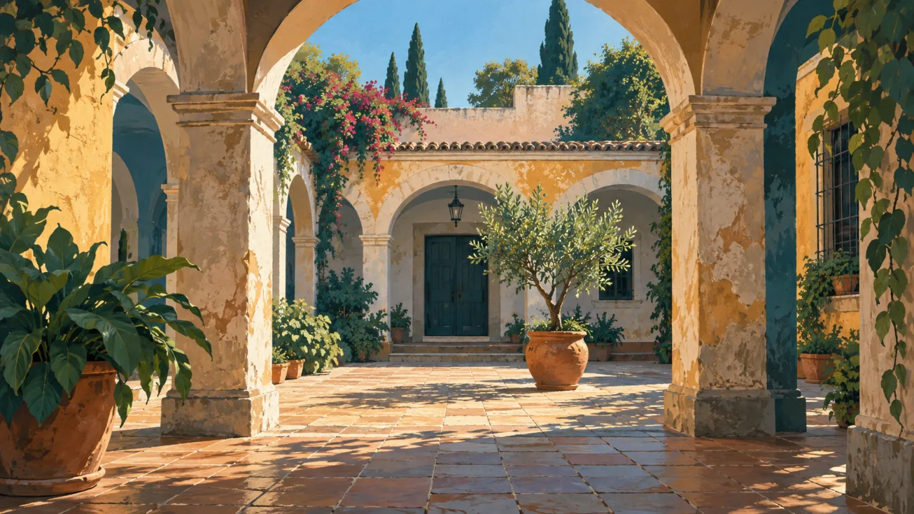 Ilustración de un patio con arquitectura colonial inspirada en Córdoba