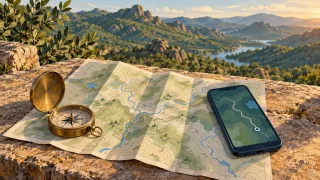 Ilustración de un mapa, una brújula y un teléfono para planificar un recorrido