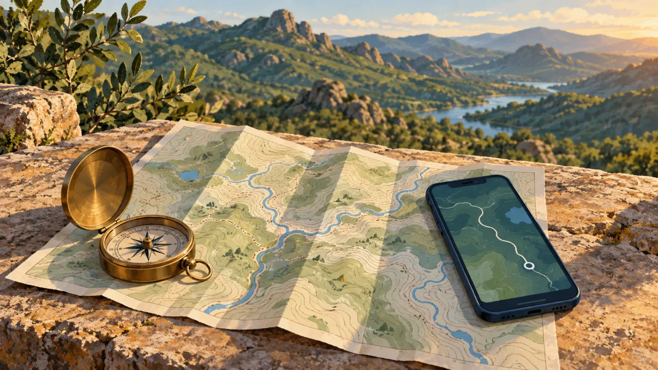 Ilustración de un mapa, una brújula y un teléfono para planificar un recorrido
