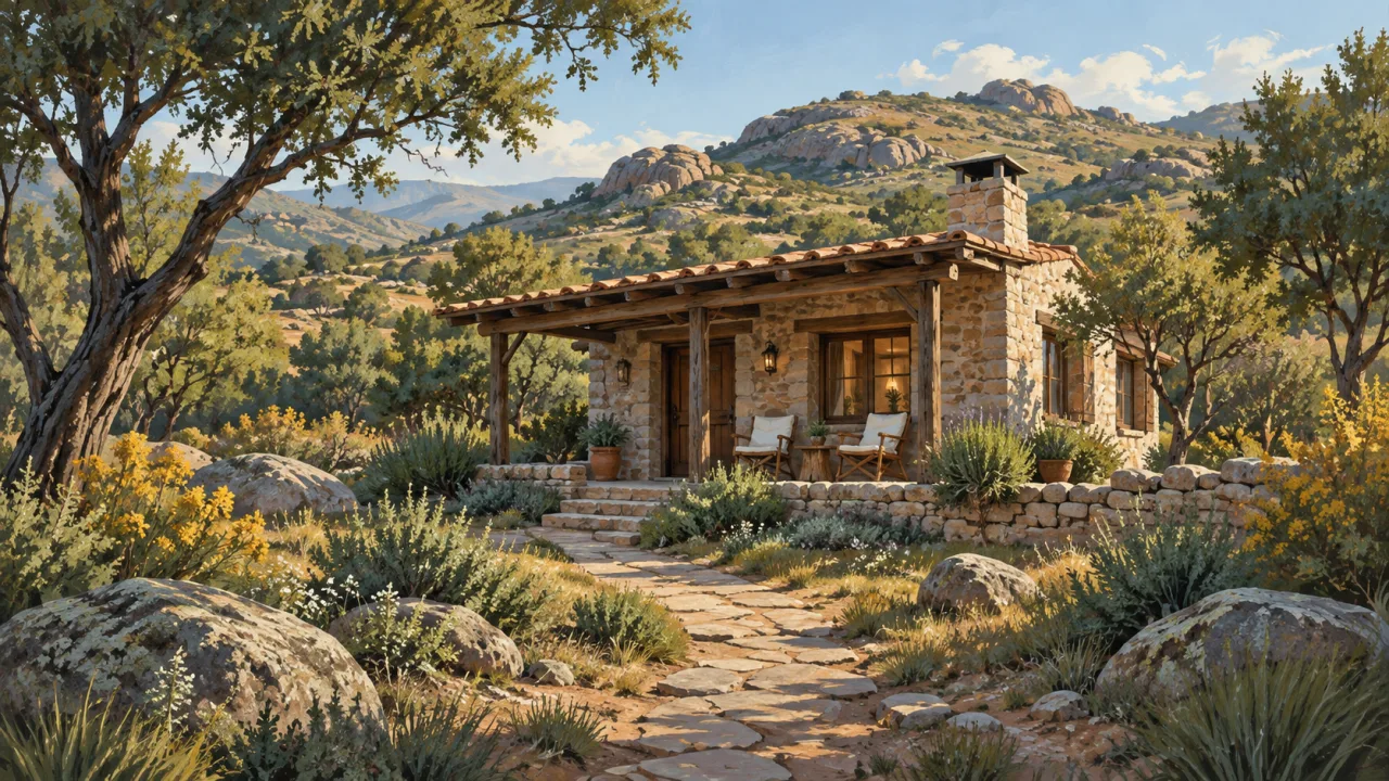Ilustración de una cabaña serrana entre árboles