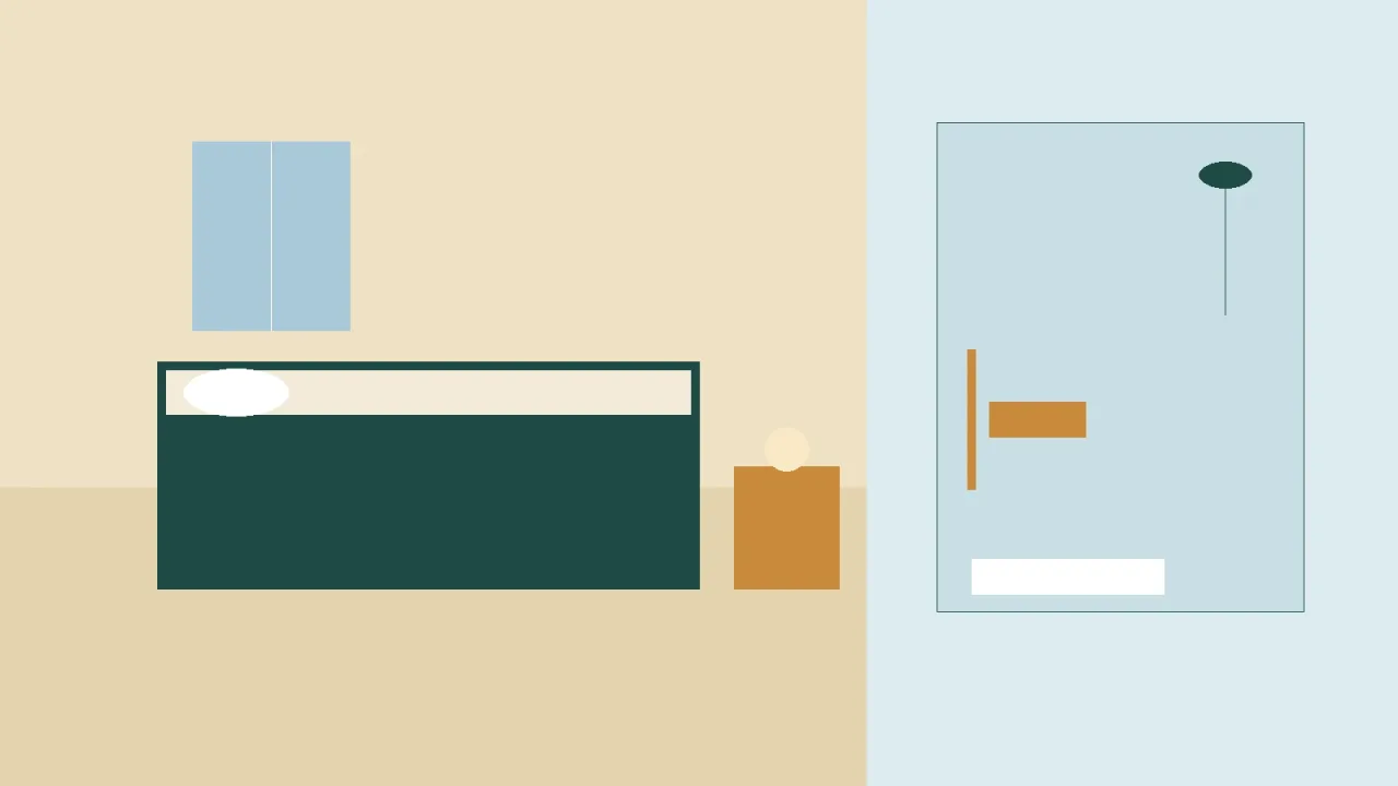 Ilustración genérica de una habitación con baño accesible, con barras de apoyo