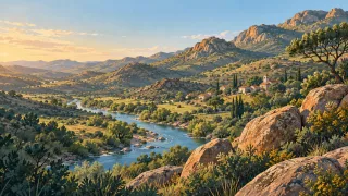 Ilustración de sierras, un río y un pequeño pueblo cordobés