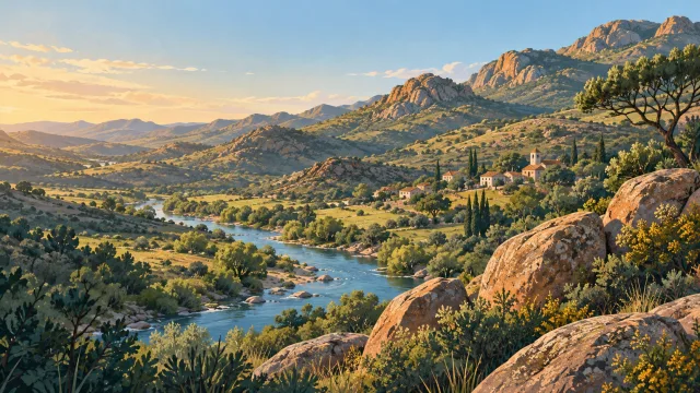 Ilustración de sierras, un río y un pequeño pueblo cordobés