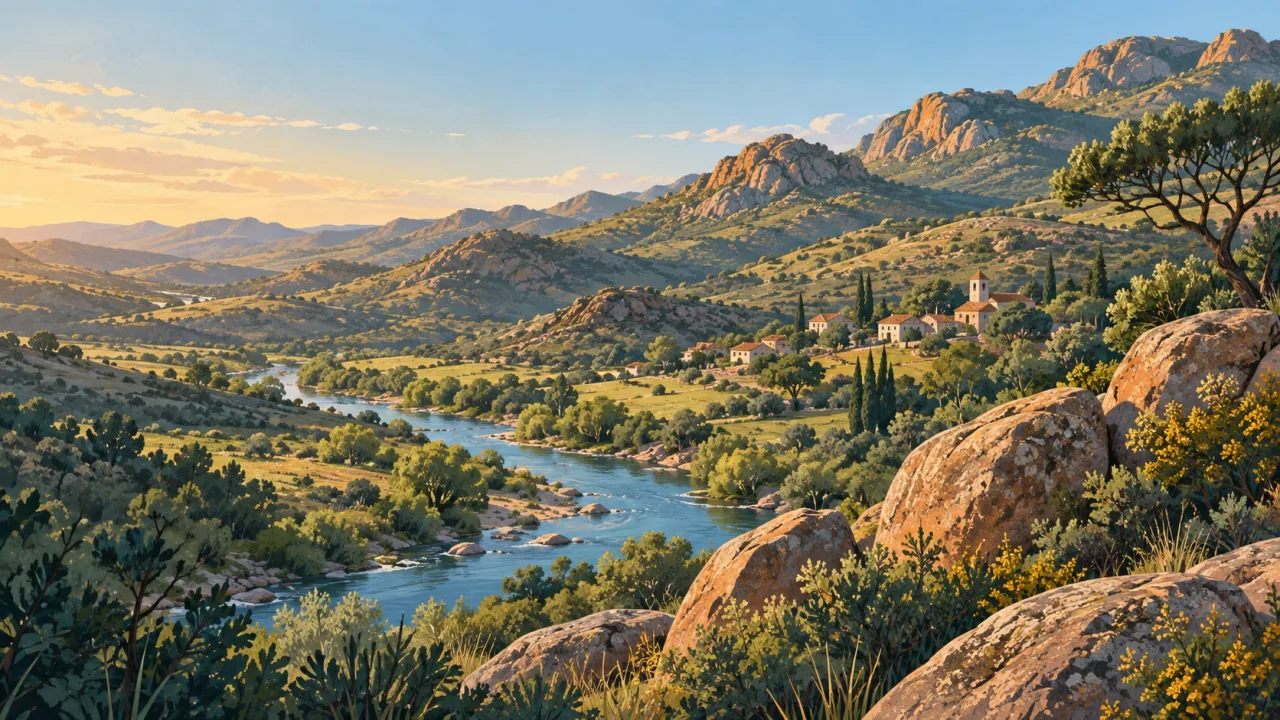 Ilustración de sierras, un río y un pequeño pueblo cordobés