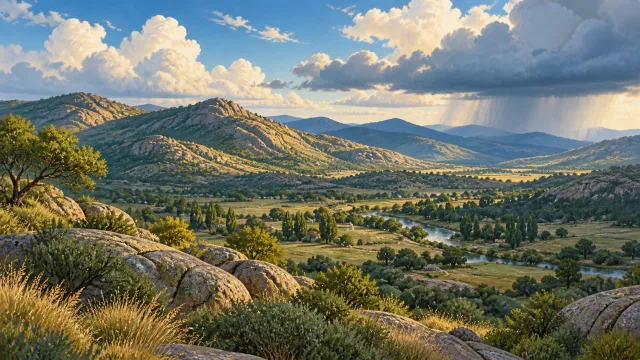 Ilustración de nubes y claros sobre un paisaje de sierras