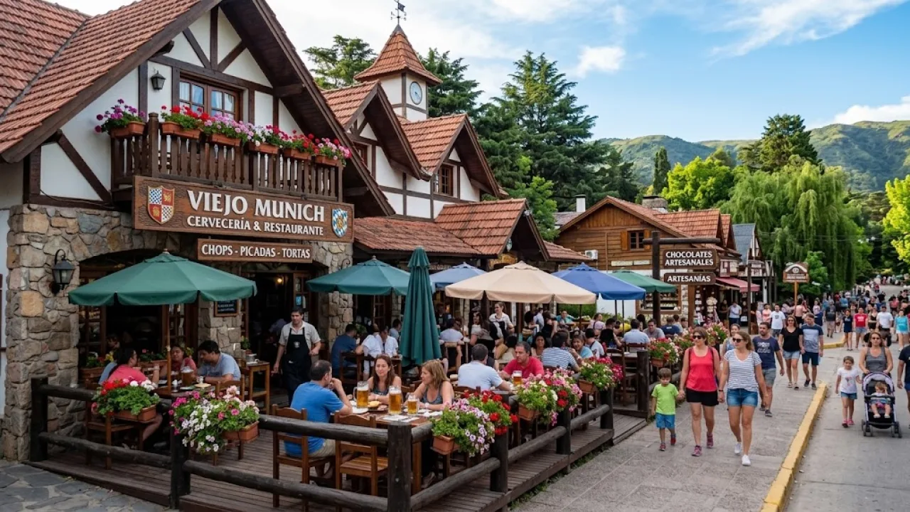 Restaurante estilo alemán con mesas al aire libre llenas de personas y transeúntes caminando por la vereda en una zona de sierras