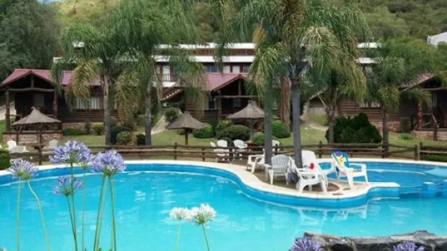 Complejo de alojamiento con pileta en primer plano, palmeras y cabañas en segundo plano