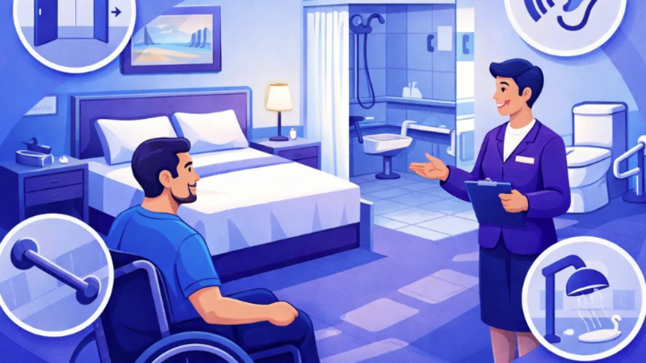 Dibujo de una habitación adaptada con cama, barras de apoyo y baño accesible, una persona en silla de ruedas y otra mostrando características de accesibilidad