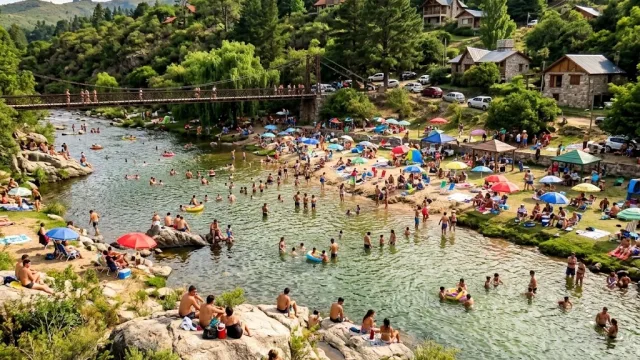 Personas bañándose y descansando en un río con arena y piedras, paraguas y árboles, casas al fondo y un puente peatonal sobre el agua