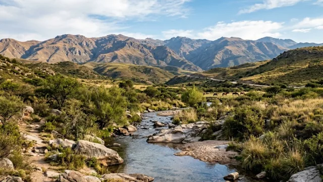 Río que cruza un valle en medio de sierras bajas con arbustos y pastizales, al fondo cumbres montañosas bajo cielo parcialmente nublado