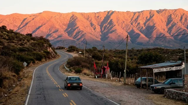 Ruta asfaltada con un auto circulando, montañas y vegetación árida al fondo al amanecer