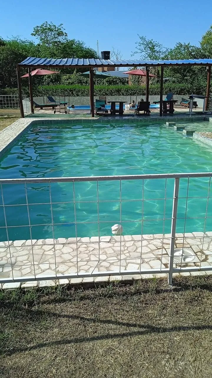 Pileta con agua limpia y transparente rodeada por un piso de baldosas claras y una reja metálica de seguridad