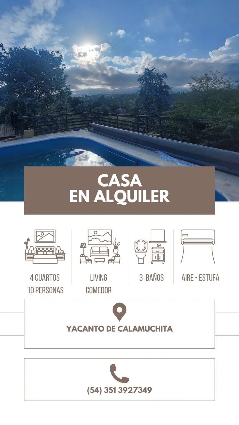 Cartel de casa en alquiler sobre foto de pileta, con iconos que indican 4 cuartos, living, 3 baños y aire acondicionado con estufa.