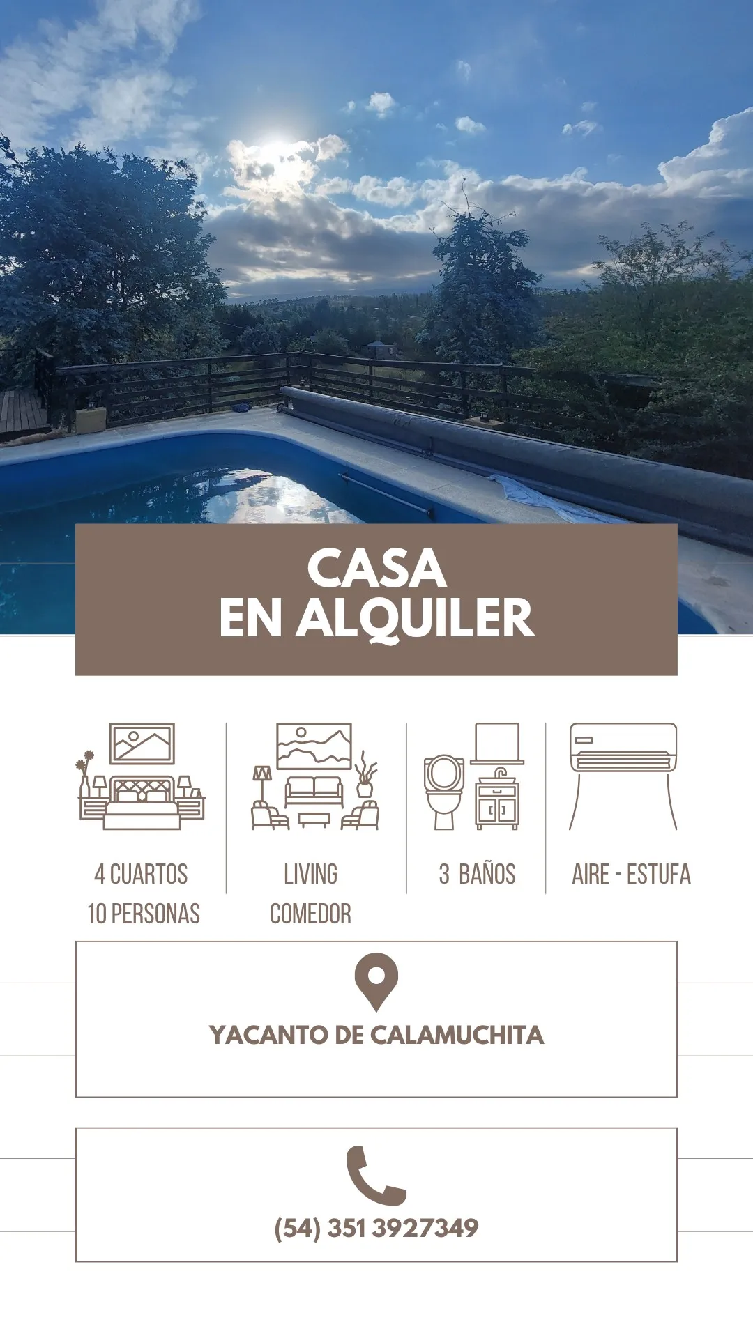 Cartel de casa en alquiler sobre foto de pileta, con iconos que indican 4 cuartos, living, 3 baños y aire acondicionado con estufa.