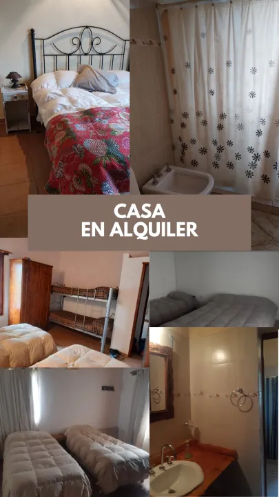 Varias vistas interiores que muestran un baño con bidé y ducha con cortina, y dos habitaciones una con cama cucheta y otra con colchones individuales