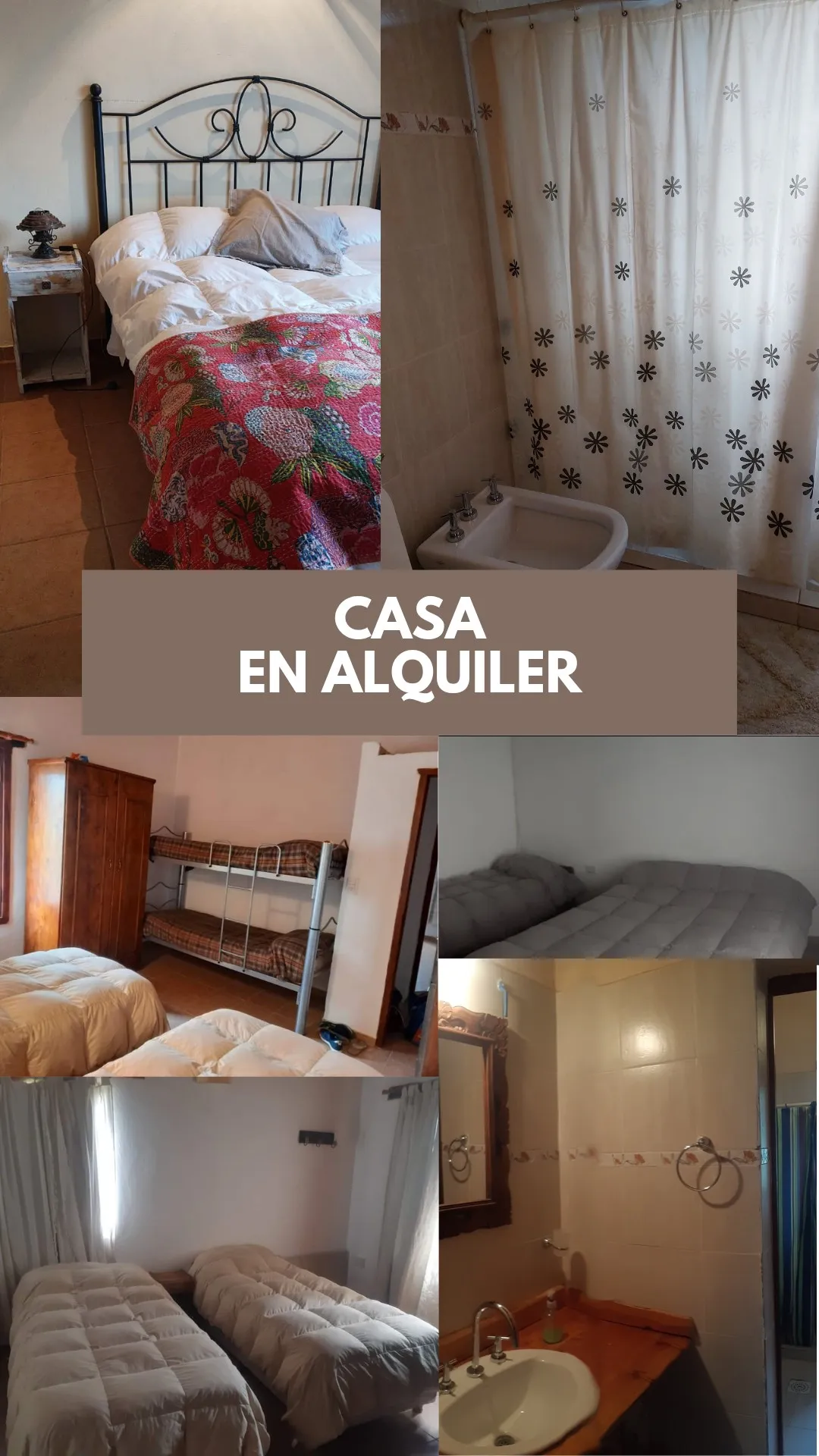 Varias vistas interiores que muestran un baño con bidé y ducha con cortina, y dos habitaciones una con cama cucheta y otra con colchones individuales