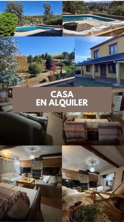 Collage de fotos que muestra el jardín, ingreso y living de una casa en alquiler