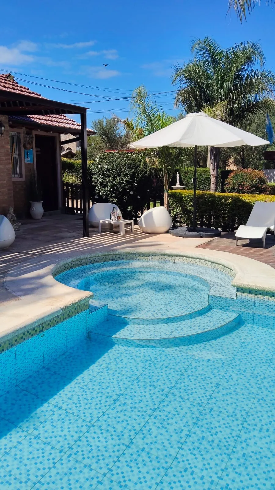 Pileta con revestimiento de venecitas y sector de reposeras y sillones blancos en un patio con vegetación y deck de madera