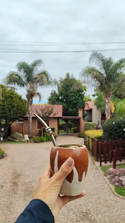 Vista del ingreso a un complejo de alojamiento con árboles, arbustos y una bombilla de mate en primer plano