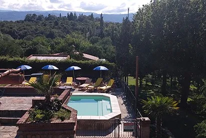 Vista de la piscina con reposeras y del espacio exterior arbolado ofreciendo un ambiente natural y relajado al libre